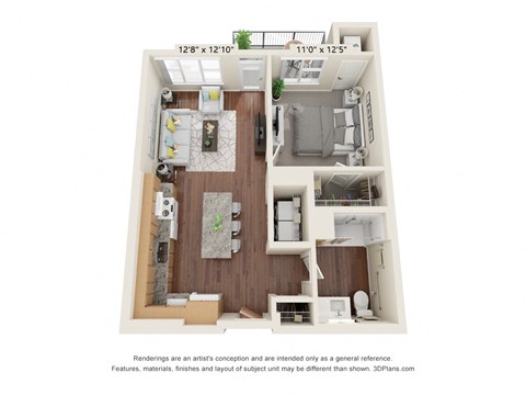 Floor plan for 1 bed, 1 bath, 723 sqft